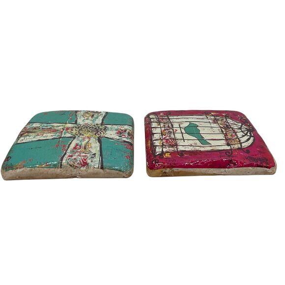 Handcrafted Coaster Set Whimsical 4"x4" Emily Little - Little e Studio W Holder - Picture 11 of 14